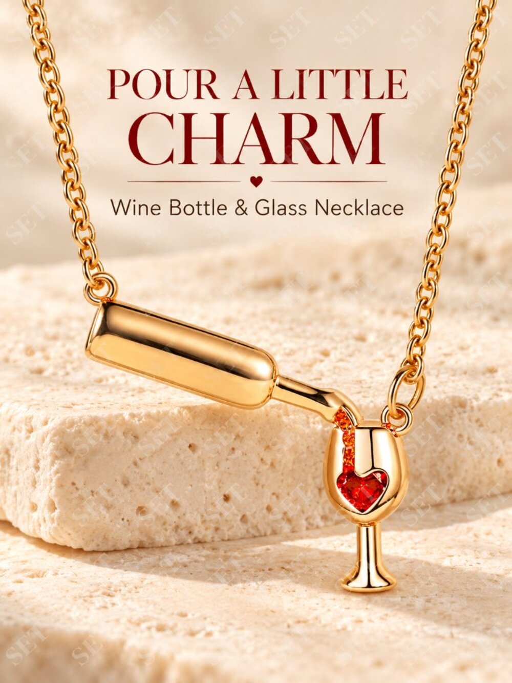 Pouring Wine Bottle Glass Necklace Gold Tone Red Heart Wine Lover Jewelry